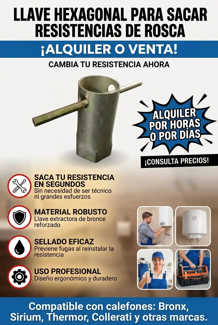Llave dado exagonal para sacar resistencias. Calefones Bronx, Sirium, Collerati, Thermor.